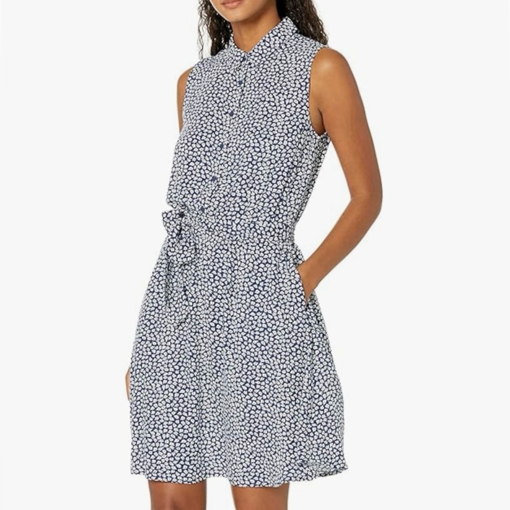 Amazon Essentials Blue and White Sleeveless Tie Front Midi Dress